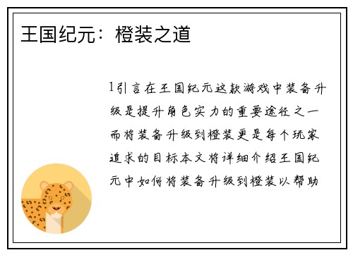 王国纪元：橙装之道